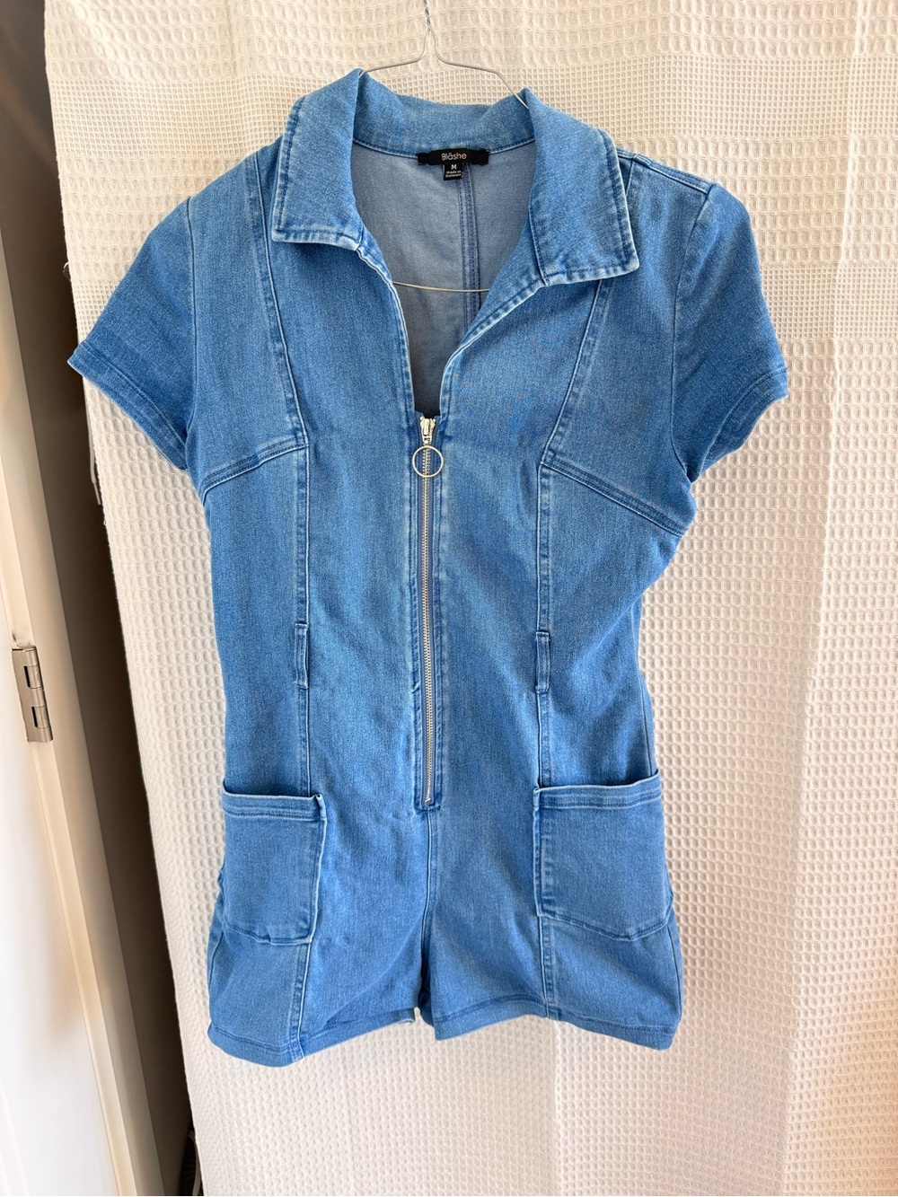 Blashe Light Blue Denim Zip-Front Short Romper